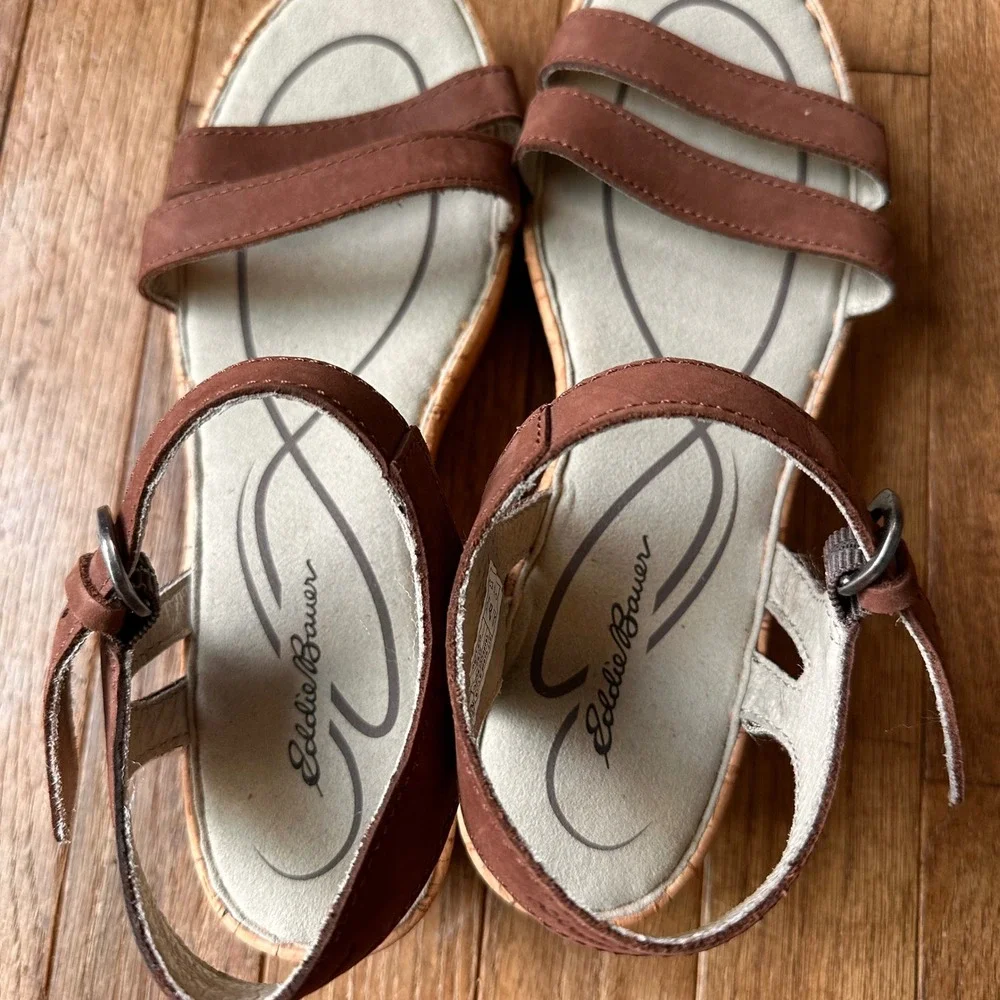 Eddie Bauer Strappy Wedge Sandals Womens 9 Leather Cork Platform Brown Casual